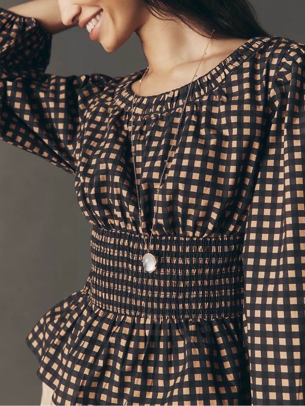 Anthropologie Gingham Black & Tan Smocked Peasant Peplum Blouse Size Medium - Picture 3 of 8